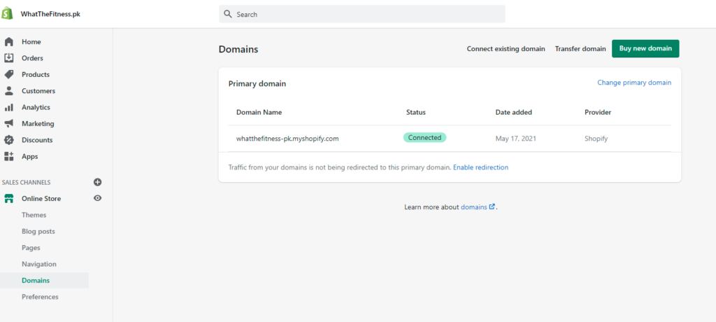 Shopify admin and click Domains