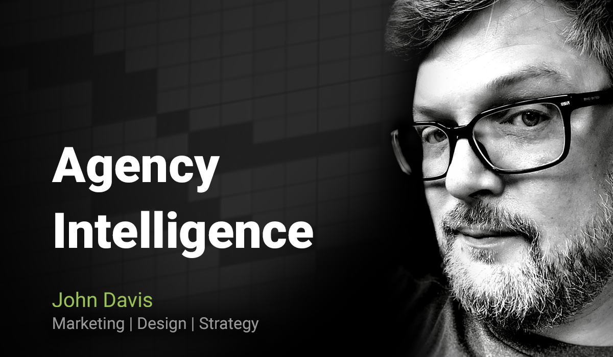Close-up portrait of a man with glasses and a beard on a dark grid background with the text "Agency Intelligence – John Davis, Marketing | Design | Strategy.