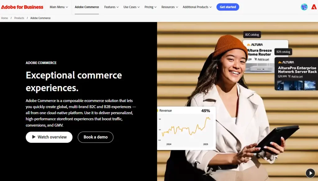 Adobe Commerce B2B e-commerce platform homepage highlighting a composable architecture for scalable, personalized buyer experiences across multi-brand storefronts.