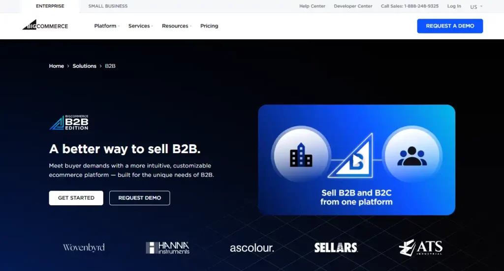 BigCommerce B2B e-commerce platform homepage showcasing customizable workflows, self-serve reordering, and integration capabilities tailored to B2B sellers.