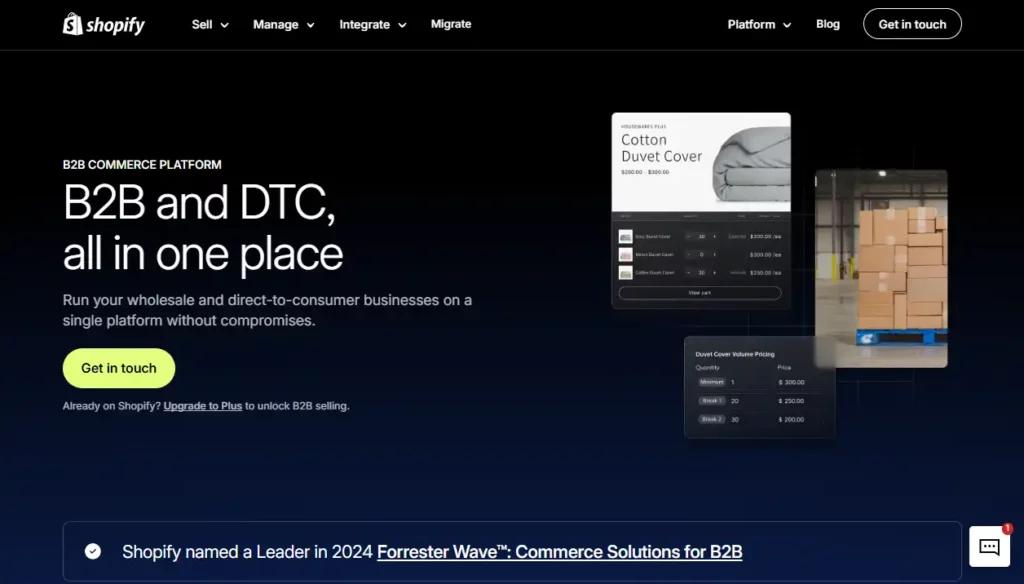Shopify B2B e-commerce platform interface showing unified wholesale and DTC management with volume pricing and self-serve features for mid-market brands.