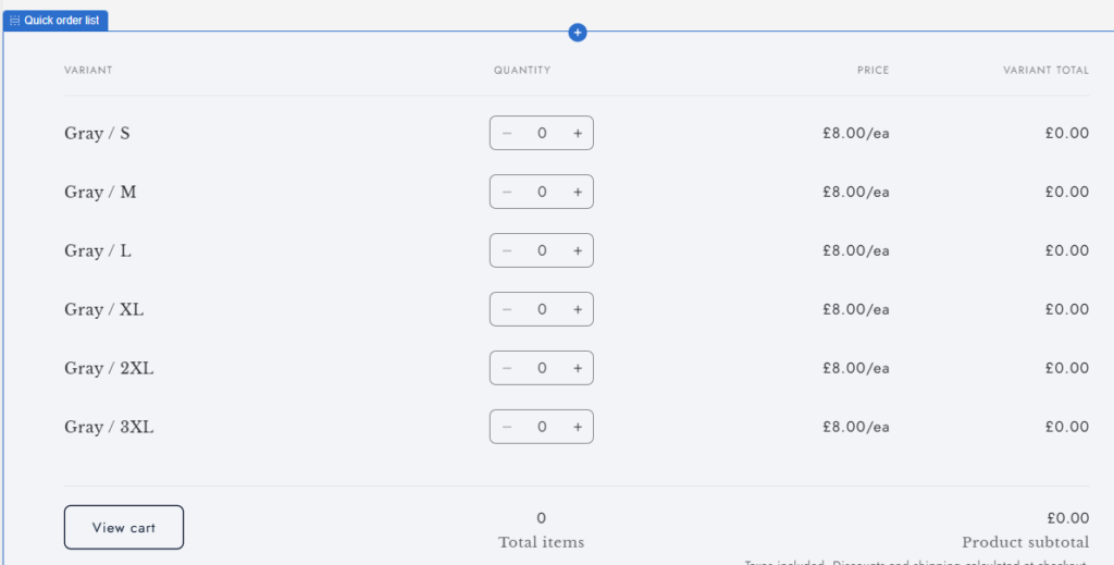 Showing how quick order list looks in Shopify b2b order management features
