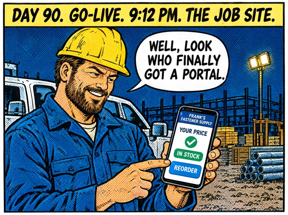 Day 90, go-live, 9:12 pm, the job site. Dave, in his hard hat, grins at his phone. It shows Frank's Fastener Supply with his price, In stock, and a Reorder button. Dave: Well, look who finally got a portal.