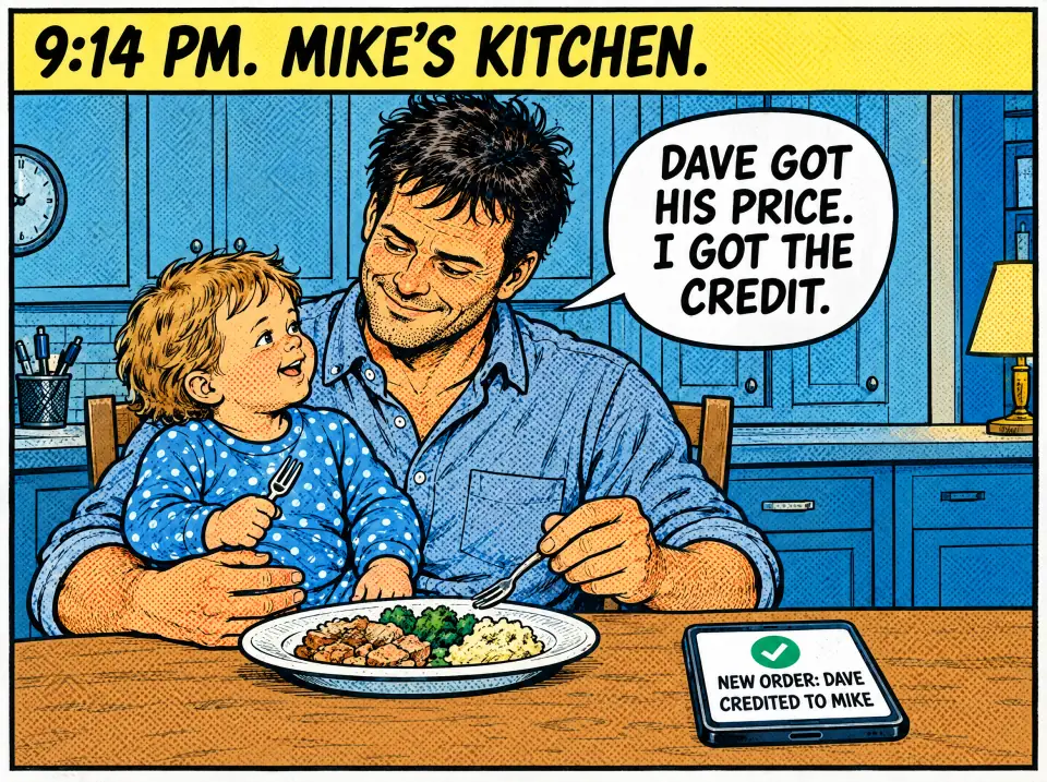 9:14 pm, Mike's kitchen. Mike eats dinner with his toddler on his lap. His phone on the table reads New order: Dave, credited to Mike. Mike: Dave got his price. I got the credit.