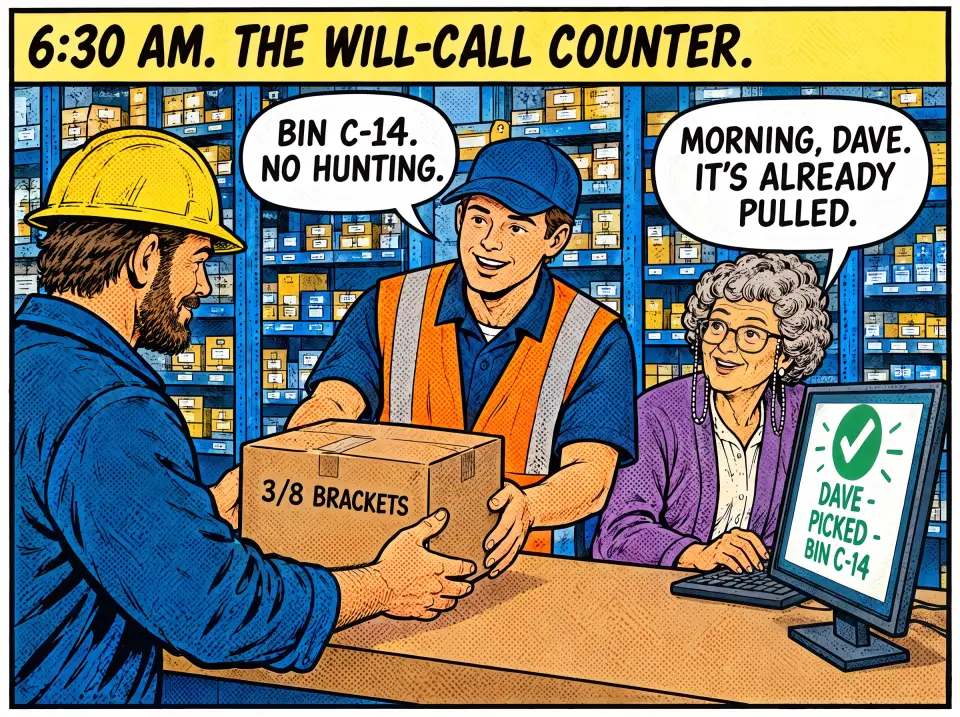 6:30 am, the will-call counter. Joe, a warehouse picker, hands Dave a box of 3/8 brackets. Joe: Bin C-14. No hunting. Edith, at a screen reading Dave, picked, bin C-14: Morning, Dave. It's already pulled.