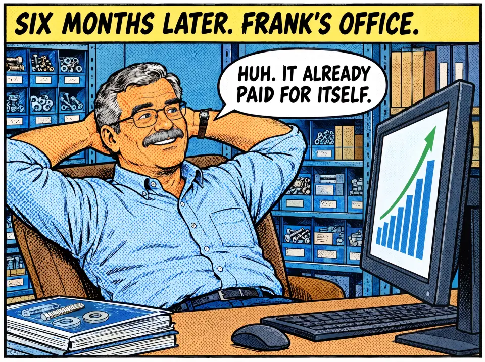Six months later, Frank's office. Frank, the owner, leans back with his hands behind his head, looking at a chart climbing upward. Frank: Huh. It already paid for itself.