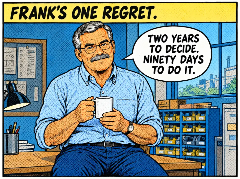 Frank's one regret. Frank sits on his desk holding a coffee mug and looks at the reader: Two years to decide. Ninety days to do it.