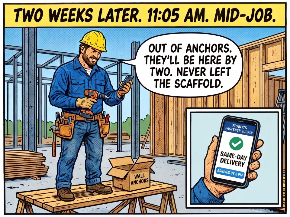 Two weeks later, 11:05 am, mid-job. Dave stands on a scaffold with a drill in one hand and his phone in the other, next to an empty box of wall anchors. An inset shows his phone: Frank's Fastener Supply, Same-day delivery, Arrives by 2 pm. Dave: Out of anchors. They'll be here by two. Never left the scaffold.