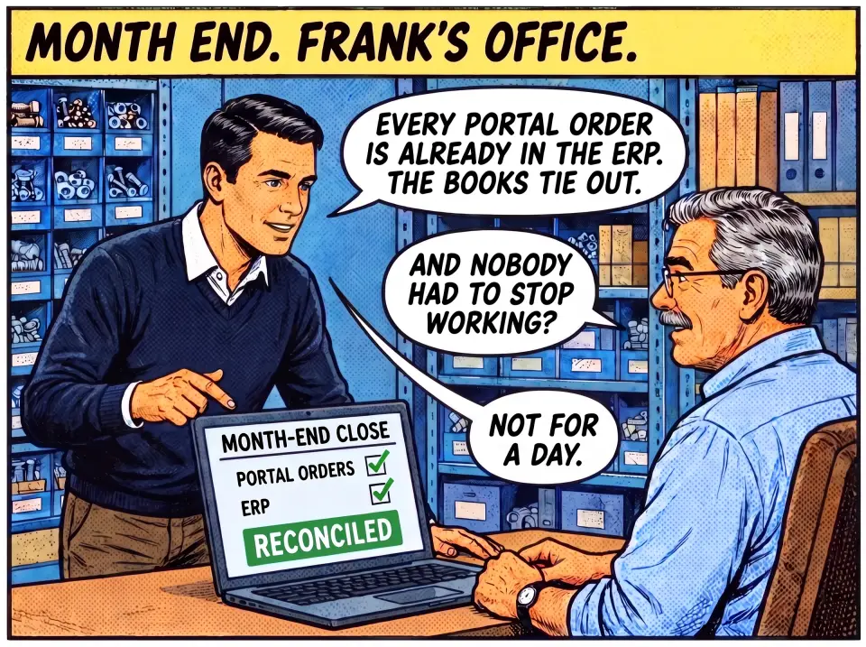 Month end, Frank's office. Andy, the finance manager, shows Frank a laptop reading Month-end close: Portal orders checked, ERP checked, Reconciled. Andy: Every portal order is already in the ERP. The books tie out. Frank: And nobody had to stop working? Andy: Not for a day.